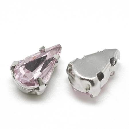 Стразы стеклянные в оправе, 13х8мм, пришивной, форма удлиненная капля, светло-розовый, оправа стального цвета, 5 грамм