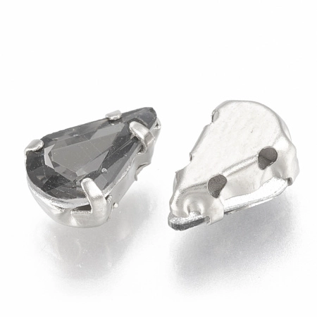 Стразы стеклянные в оправе, 13х8мм, пришивной, форма удлиненная капля, серый, оправа стального цвета, 5 грамм