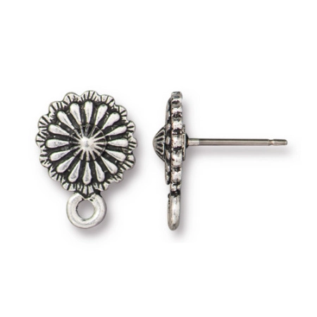 Пусеты, 14х10.3мм, TierraCast, Маргаритка с петелькой, базовый материал - титан/пьютер, посеребренная с чернением, пара