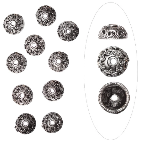 Шапочка для бусин (обниматель), 10х5мм, купол с восточным узором, базовый материал - цинковый сплав, стиль тибетское серебро, 10 грамм