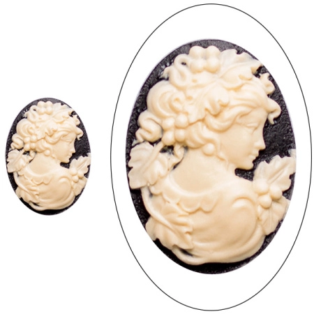 Камея акриловая, 25х18мм, девушка с виноградом, слоновая кость на черном, 1 шт.