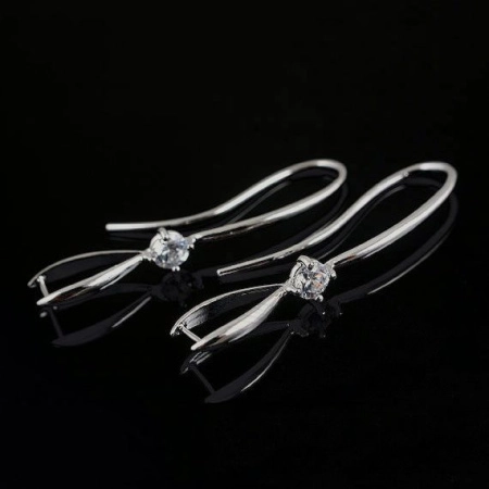 Швензы открытые, 37х6мм, Корея, удлиненные с фианитом, со скрытой петелькой, базовый материал - латунь, родий, пара