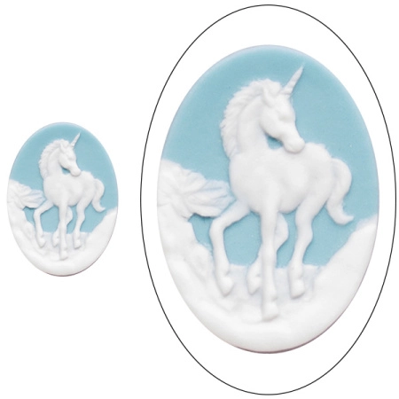 Камея акриловая, 25х18мм, вогнутая, единорог, белый на бирюзовом, 1 шт., УЦЕНКА