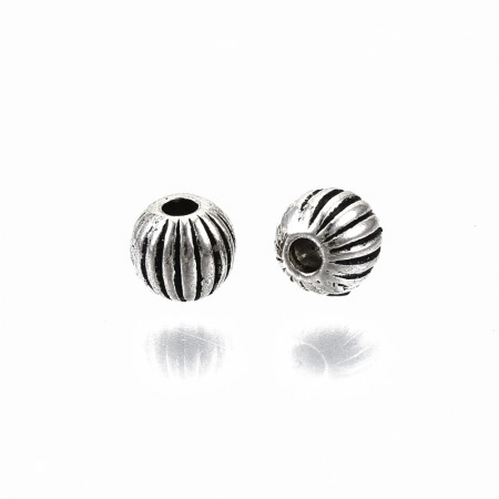 <p>
Бусина - разделитель шарик с полосками, стиль тибетское серебро. Оттенок может отличаться от фотографии. Диаметр отверстия около 1 мм. Бусины литые, довольно тяжелые. Цена за упаковку 10 грамм (около 60 бусин).
</p>