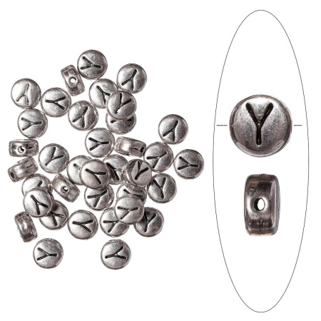 Бусина металлическая, 7х4мм, буква Y, базовый материал - цинковый сплав, серебристая с чернением, 10 шт.