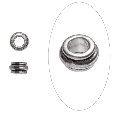 <p>Металлическая евро-бусина гладкая рондель с двумя бороздками. Подходит для браслетов в стиле Пандора (Pandora). Диаметр отверстия - 6 мм. Изготовлена из бижутерного сплава с серебристым покрытием (стиль тибетское серебро). Оттенок может отличаться от фотографии и в разных поставках. Цена за 10 шт.</p>