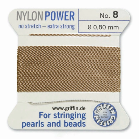 <p>
Толстая и прочная нить Nylon Power из высококачественного нейлона, очень крепкая, не растягивается. Произведена компанией Griffin (Германия). К нити прикреплена проволочная иголочка. Идеально подходит для использования с жемчугом и натуральными камнями. Толщина около 0,8 мм. Оттенок может отличаться от фотографии и в разных поставках. Намотка может состоять из нескольких частей. Цена за моток 2 метра.
</p>