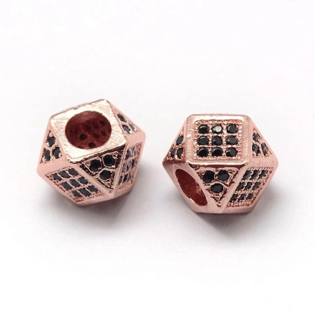 Бусина металлическая, 7х7мм, Milano, Многогранник, с крупным отверстием, с черными фианитами, базовый материал - латунь, под розовое золото, 1 шт.