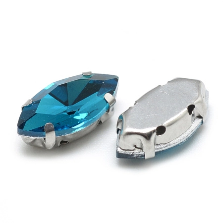 Стразы стеклянные в оправе, 12х6мм, пришивной, форма челнок, голубой, оправа стального цвета, 5 грамм