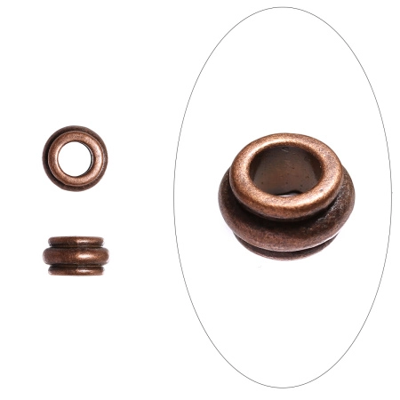 Бусина металлическая, 12х7мм, рондель с двумя бороздками, базовый материал - цинковый сплав, медного цвета с чернением, 10 шт.