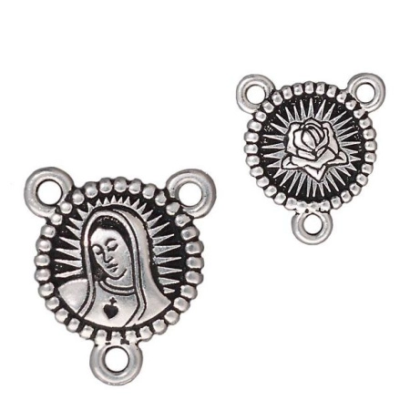 Соединитель-переходник, 21х19х4мм, TierraCast, с двумя петельками, Дева Мария, базовый материал - оловянный сплав, посеребренная с чернением, 1 шт.