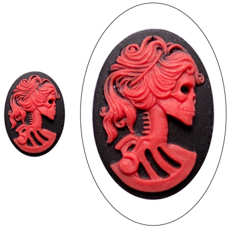 Камея акриловая, 25х18мм, девушка-скелет, красная на черном, 1 шт.