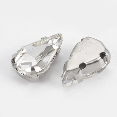 Стразы стеклянные в оправе, 13х8мм, пришивной, форма удлиненная капля, кристально-прозрачный, оправа стального цвета, 5 грамм