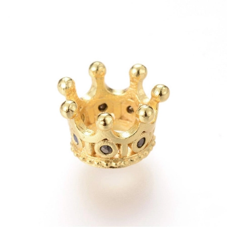 Бусина металлическая, 11х7мм, Milano, Корона, базовый материал - латунь, с черными фианитами, под золото, 2 шт.