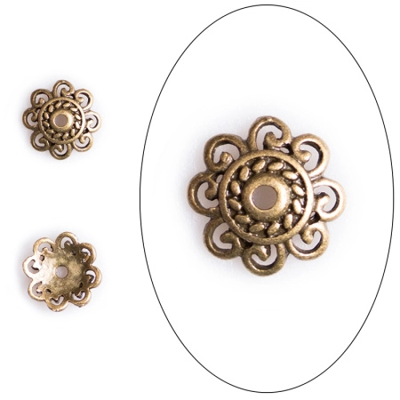 Шапочка для бусин (обниматель), 14х3мм, фантазийный цветок, базовый материал - цинковый сплав, бронзовый с чернением, 10 грамм