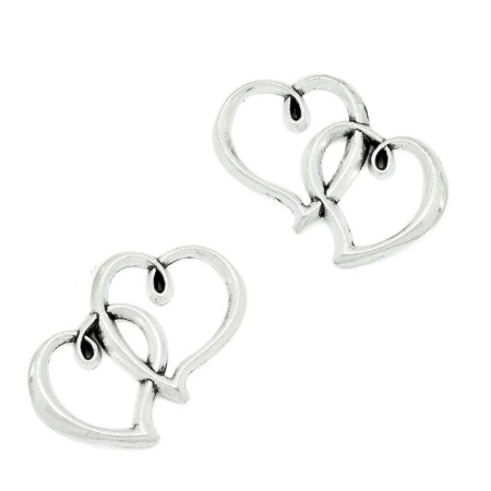 Коннектор, 32х24мм, два сердца, базовый материал - цинковый сплав, стиль тибетское серебро, 5 шт.
