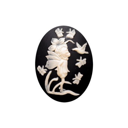 Камея акриловая, 40х30мм, феечка с колибри, слоновая кость на черном, 1 шт.