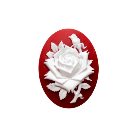 Камея акриловая, 40х30мм, роза, белая на красном, 1 шт., УЦЕНКА