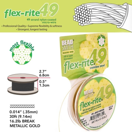 <p>Профессиональный ювелирный тросик Flex-Rite с нейлоновым покрытием. 49-жильный тросик премиум-класса. Цвет золотой, матовый. Оттенок может немного отличаться от фотографии и в разных поставках. Цена за катушку 30 футов (9.1 метра).</p>
