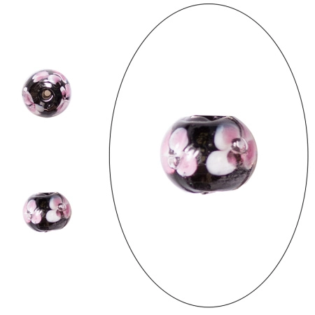 Бусина лэмпворк, 10х8мм, с розовыми 3D цветами, черная, 1 шт.