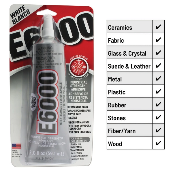 <p>
Универсальный <b>БЕЛЫЙ</b> клей E-6000. Клей оригинальный, произведен в США. Используется для ткани, металла, дерева, стекла, керамики и других материалов в любом сочетании. Клей довольно густой, удобен в работе. Почтой отправляется только по предоплате. Цена за 1 тюбик 59.1 мл (2 fl. oz.).
</p>