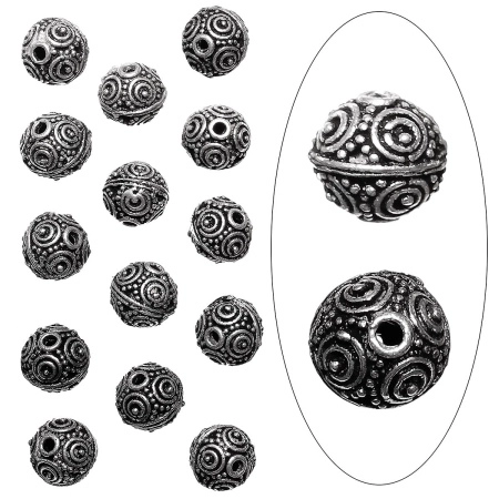 Бусина металлическая, 9.5х9мм, Индия, филигранный шарик со спиральным узором, базовый материал - латунь, посеребренный с чернением, 2 шт.