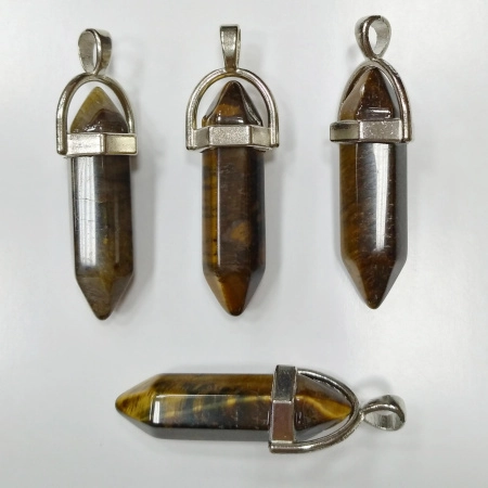Подвеска каменная, 40х13х11мм, в форме кристалла, базовый материал - камень, тигровый глаз с держателем стального цвета, 1 шт.