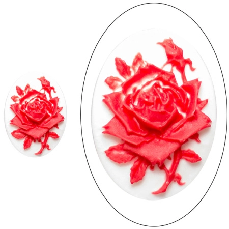 Камея акриловая, 25х18мм, роза, красная на белом, 1 шт., УЦЕНКА