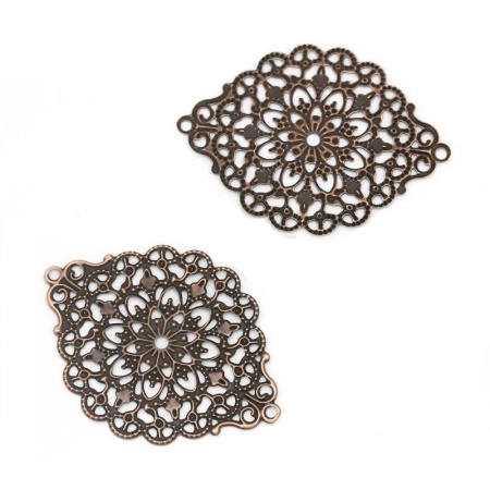 Декоративный элемент, 53х39мм, кружевной овал, базовый материал - железо, медный с чернением, 1 шт.