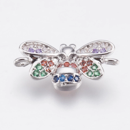 Коннектор, 19х10х5мм, Milano, насекомое, Шмель, с разноцветными фианитами, базовый материал - латунь, под родий, 1 шт.