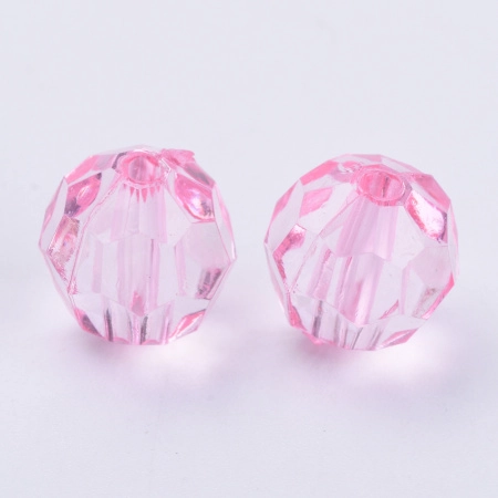 <p>Граненые акриловые (пластиковые) прозрачные бусины - шарики розового цвета. На бусинах возможны небольшие царапинки, заусенцы и потертости. Бусины могут немного отличаться по форме и размеру. Оттенок может отличаться от фотографии и в разных поставках. Цена за 50 грамм (около 35 бусин, фасуются на вес без проверки на дефекты).</p>