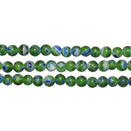 Бусины миллефиори, 6мм, зеленые с бело-синими цветами, 65 шт., низка