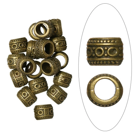 Бусина металлическая, 10х9х8мм, бочонок с орнаментом, базовый материал - оловянный сплав, бронзовый, 10 шт.