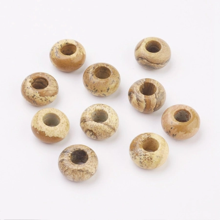 Бусина каменная, яшма, песочная, 14х8мм, рондель, с большим отверстием, 2 шт.