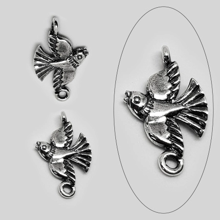 Коннектор, 20х13х2мм, Птичка, базовый материал - латунь, посеребренная с чернением, 2 шт.