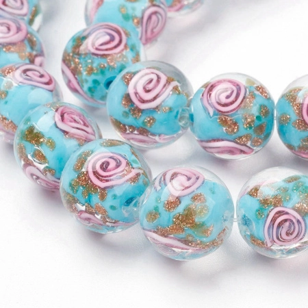 Бусина лэмпворк, 12мм, со спиральным узором, голубая с розовым, 2 шт.