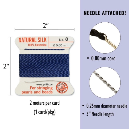 <p>Толстая и прочная нить из высококачественного натурального 100% шелка, произведена компанией Griffin (Германия). К нити прикреплена проволочная иголочка. Идеально подходит для использования с жемчугом и натуральными камнями. Толщина около 0,8 мм. Цена за моток 2 метра.</p>