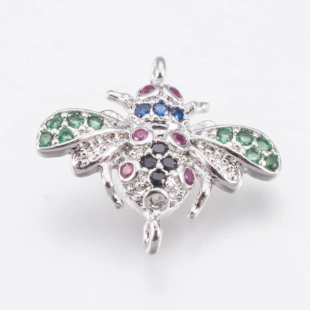 Коннектор, 17х15.5х3.5мм, Milano, насекомое, Майский жук, с разноцветными фианитами, базовый материал - латунь, под родий, 1 шт.