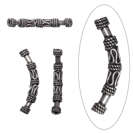 Бусина металлическая, 34х5мм, Индия, трубочка изогнутая, гладкая с витым узором, базовый материал - латунь, посеребренная с чернением, 2 шт.