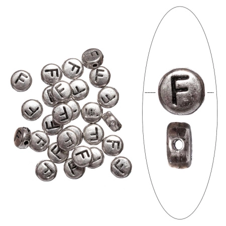 Бусина металлическая, 7х4мм, буква F, базовый материал - цинковый сплав, серебристая с чернением, 10 шт.