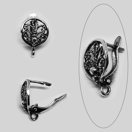 Швензы закрытые, 16.5х11.5мм, с английским замком, Круг филигранный, базовый материал - латунь, посеребренные с чернением, пара