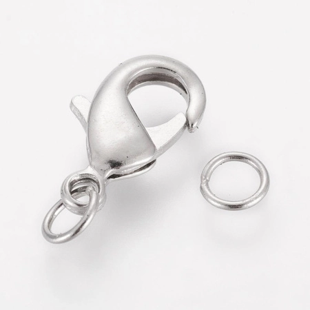 Застежка, 15х9мм, карабин с соединительными колечками, базовый материал - латунь, стального цвета, 2 шт.