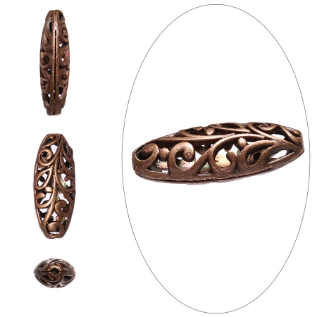 Бусина металлическая, 23х10х7мм, удлиненный овал, с резным узором, базовый материал - цинковый сплав, медный с чернением, 5 шт.