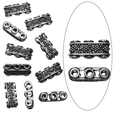 Разделитель, 17х7х5.5мм, Индия, Бали, на 3 отверстия, базовый материал - латунь, посеребренный с чернением, 2 шт. УЦЕНКА