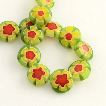 Бусины миллефиори, 10х3.5мм, плоские, светло-зеленые с бело-желто-красными цветами, 37 шт., низка