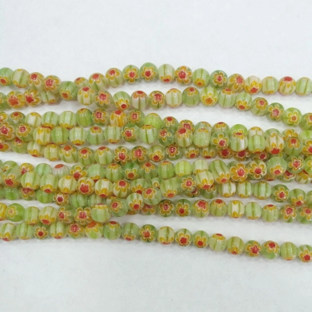 Бусины миллефиори, 6мм, светло-салатовые с красно-желтыми цветами, 65 шт., низка
