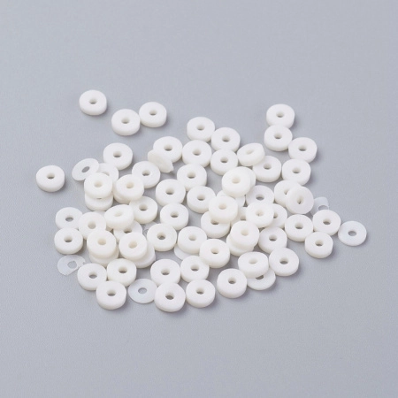 <p>Плоские круглые бусины - чипсы (диски, рондели heishi) ручной работы из полимерной глины (пластики). Бусины могут немного отличаться по форме и размеру. Оттенок может отличаться от фотографии. Цвет: светлый бледно розовый, почти белый. Бусины довольно мягкие, гибкие, напоминают каучук. Цена за низку длиной около 43 см, около 350-400 бусин.</p>