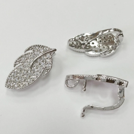 Застежка, 23х12мм, Milano, защелкивающаяся, Перо с фианитами, базовый материал - латунь, под родий, 1 шт.