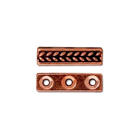 Разделитель, 15х4мм, TierraCast, прямоугольный, с плетеным узором, на три отверстия, базовый материал - оловянный сплав, медный, 2 шт.