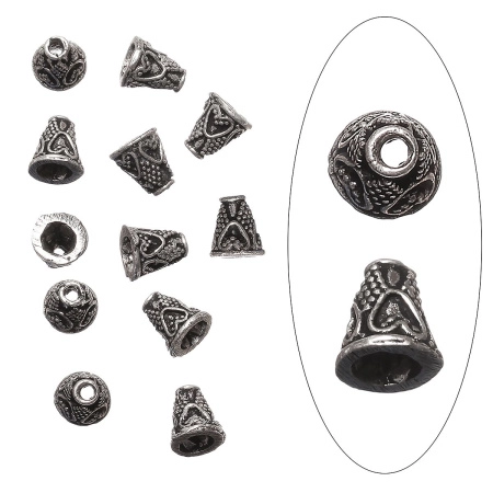 Конус, 9х8мм (внутренний размер 4.5мм), Индия, Бали с сердечками, базовый материал - латунь, посеребренный с чернением, 5 шт.